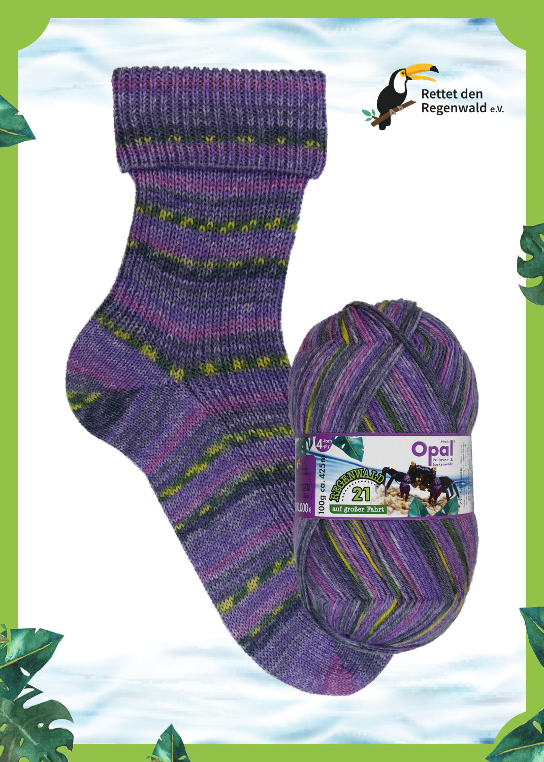 Violett-grüne Socke mit Modell „Schiffsmechanikerin“ aus der Spendenkollektion