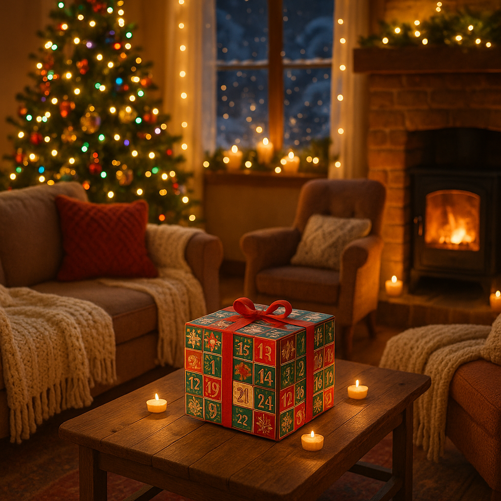 Gemütliches Wohnzimmer mit Kamin, Weihnachtsbaum und Adventskalenderbox auf dem Tisch – handgefärbte Wolle kaufen in Hamburg