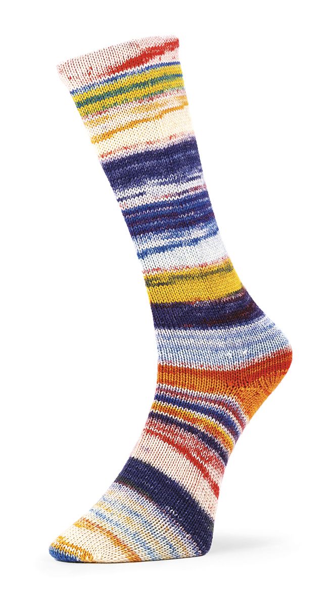 Handgestrickte Socke aus 6 Ply Optical Socks in Creme, Violett und Orange, Farbe 006