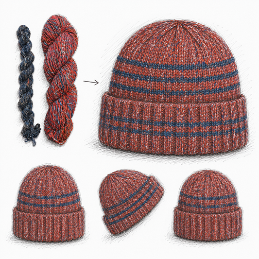Illustrierte Strickskizze: aus dem roten und dem blaugrauen Strang entstehen vier Varianten einer gestrickten Mütze mit Kontraststreifen. Visualisierung als Ideenbeispiel, kein Foto eines fertigen Stücks.