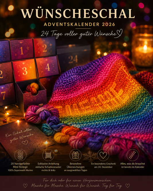 Wunschfeuerwerk Wünscheschal Adventskalender mit leuchtenden Regenbogenfarben und handgefärbten Mini-Strängen, handgefärbte Wolle in Hamburg kaufen