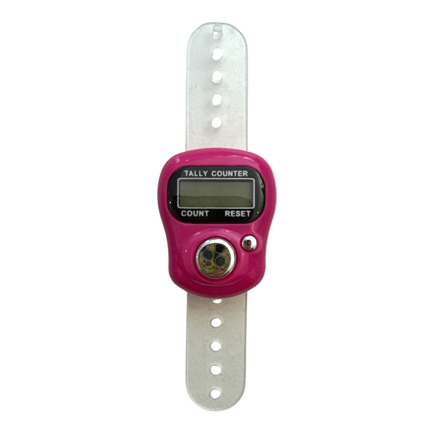 Nahaufnahme eines pinken digitalen Reihenzählers mit LCD-Display, großem Zählknopf und kleinem Reset-Knopf.