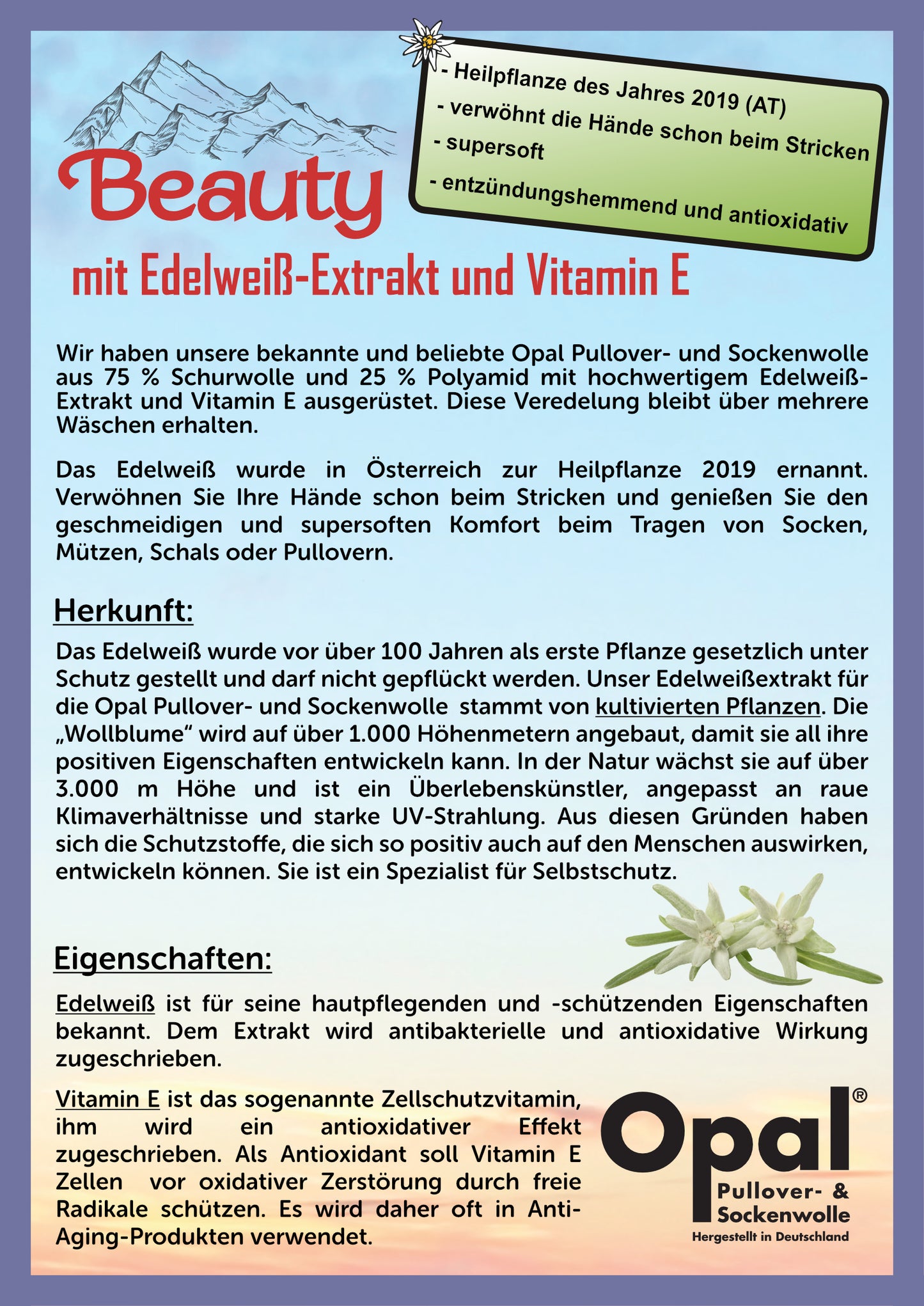 wollladen am Michel	Beauty - Wellness  mit Edelweiß-Extrakt und Vitamin E - 4-fach Sockenwolle