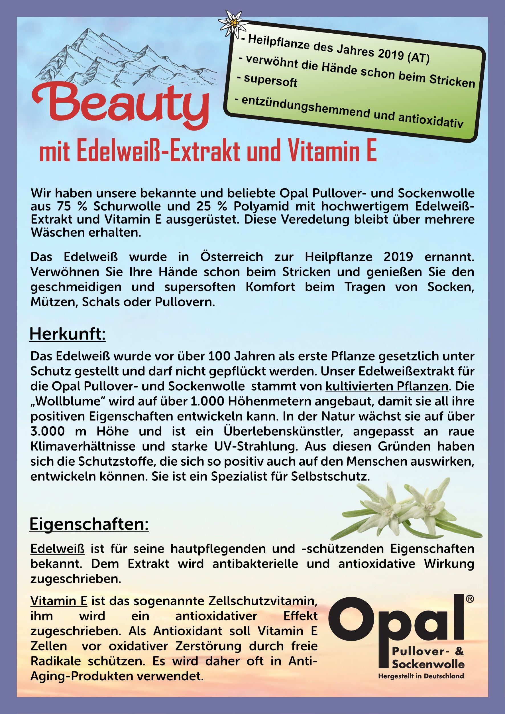 wollladen am Michel	Beauty - Wellness  mit Edelweiß-Extrakt und Vitamin E - 4-fach Sockenwolle