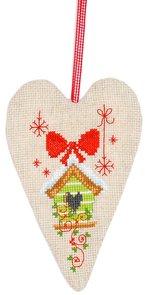 Decorative heart with ribbon and yarn 11x17 cm linen 1 pc counted cross stitch set