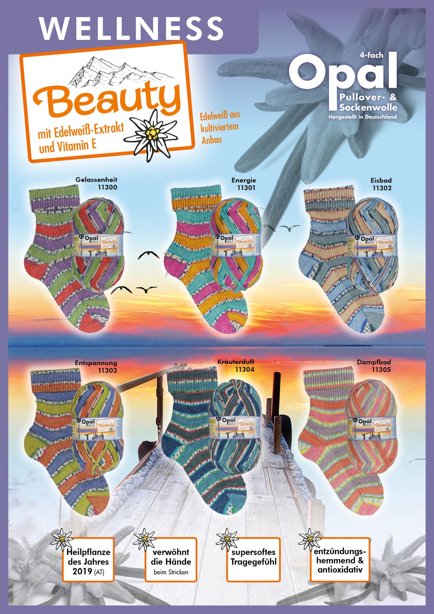 günstig shoppen	Beauty - Wellness  mit Edelweiß-Extrakt und Vitamin E - 4-fach Sockenwolle