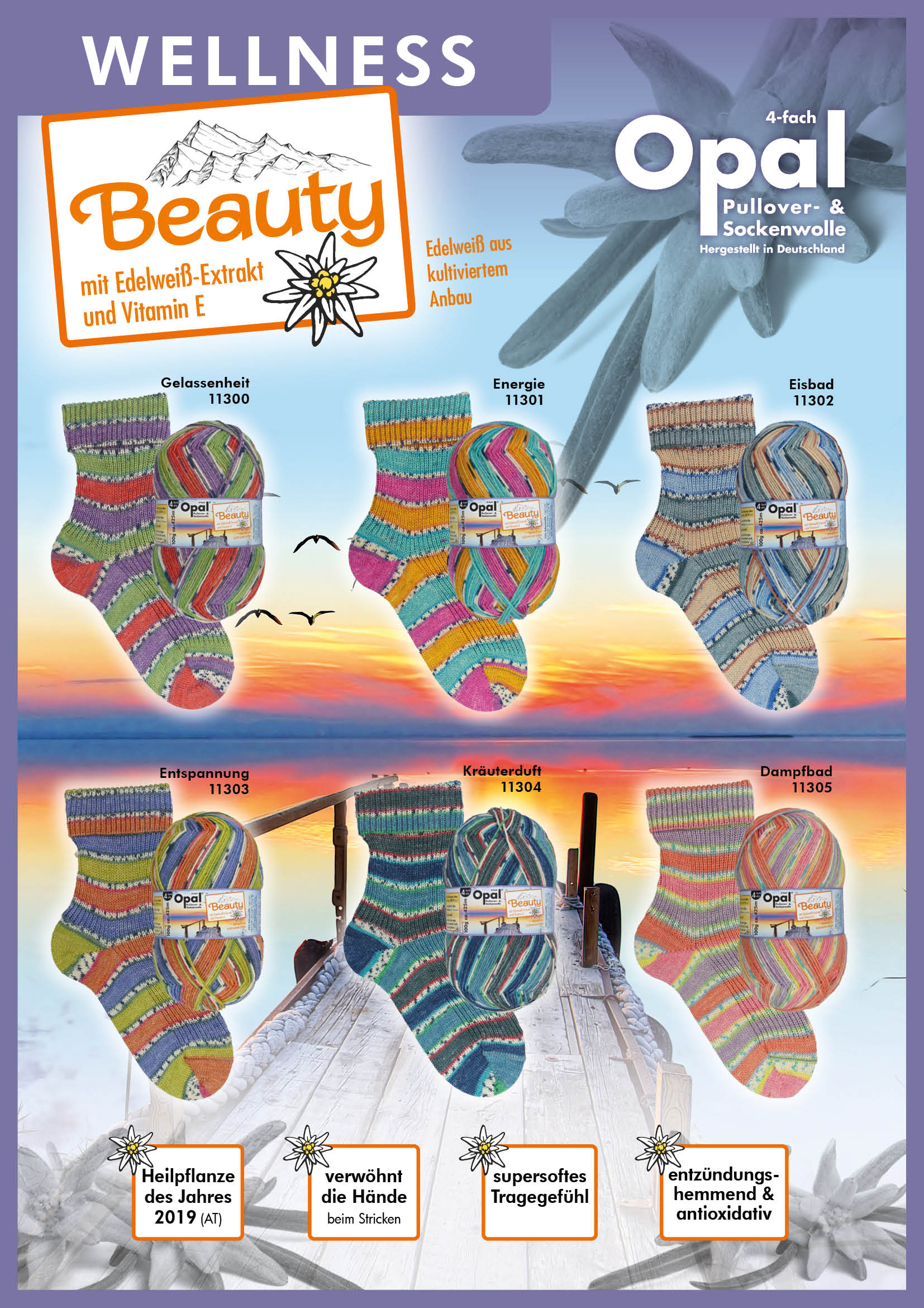 günstig shoppen	Beauty - Wellness  mit Edelweiß-Extrakt und Vitamin E - 4-fach Sockenwolle