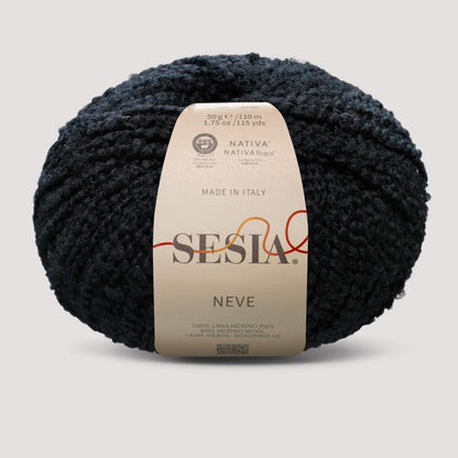 Sesia Neve Bouclé aus 100 % RWS-Merinowolle in Schwarz – voluminöses Bouclégarn für moderne Pullover, Cardigans und Accessoires