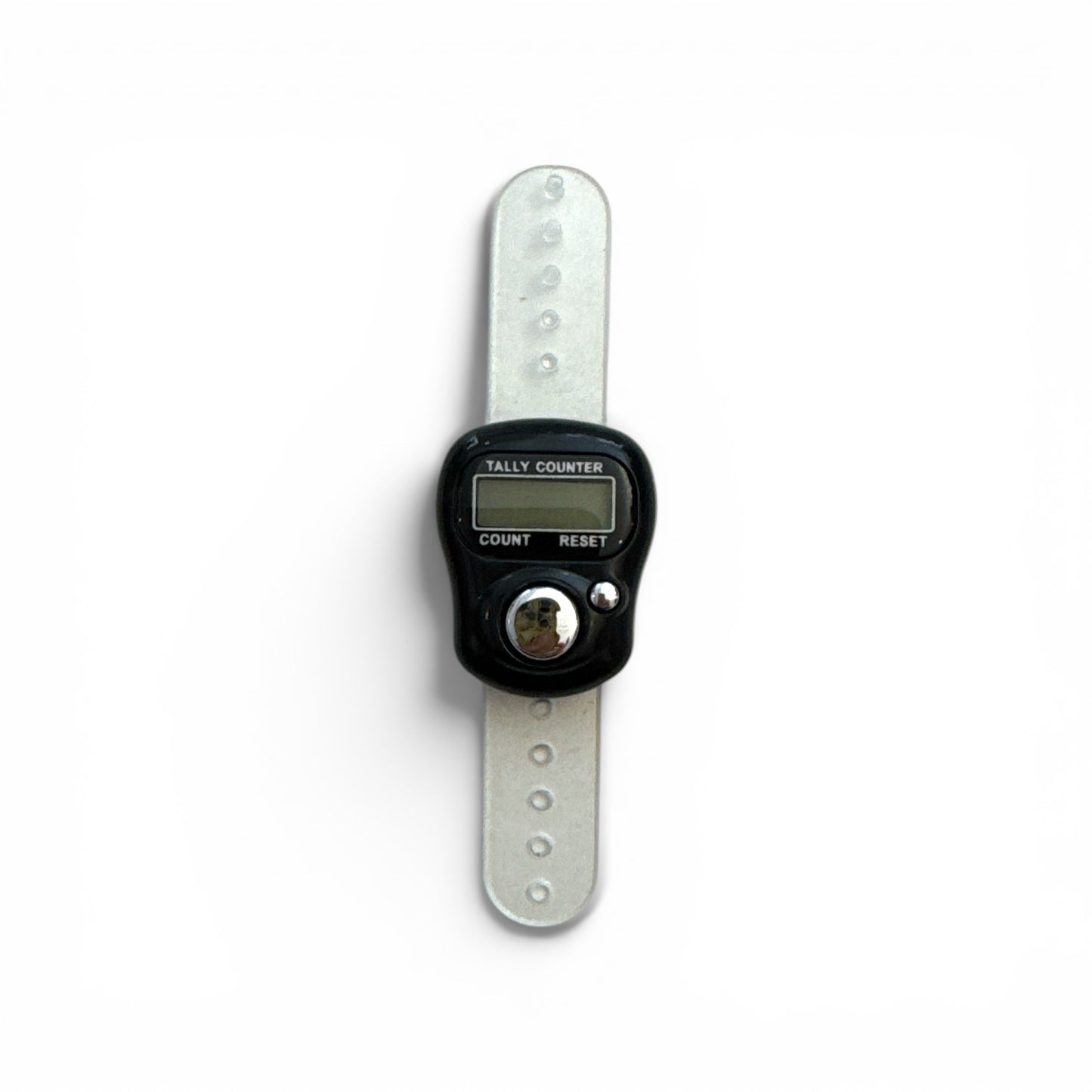 Digitaler Reihenzähler mit schwarzem Gehäuse und transparentem Silikonband, mit LCD-Display und Reset-Knopf.