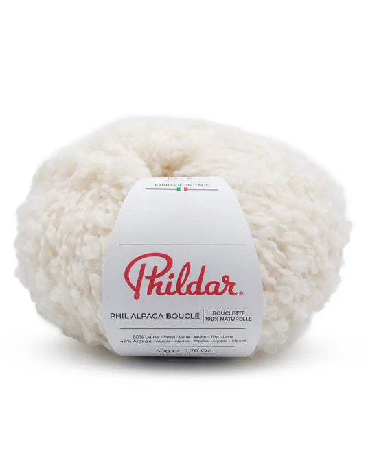 Entdecke Phil Alpaga Bouclé von Phildar – ein luxuriöses Naturgarn aus 40 % Alpaka und 60 % Wolle. Weich, bauschig und ideal für elegante Strickstücke. Jetzt im Shop!