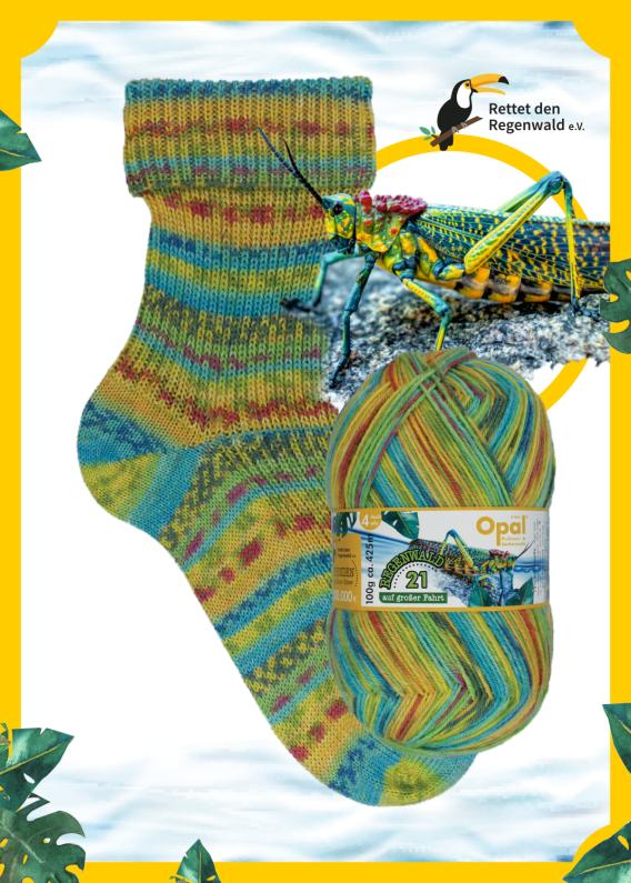 Bunte Socke mit Heuschrecke – Modell „Navigator“ aus Opal Regenwald 21