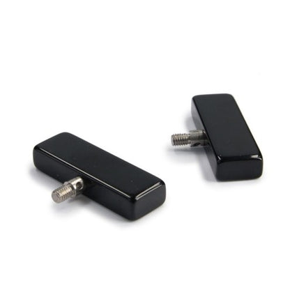 Zwei schwarze ChiaoGoo Endstopper (Größe Small) auf weißem Hintergrund — für Nadelstärken 2,75–5,0 mm, Metallgewinde sichtbar.