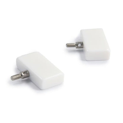 Zwei weiße ChiaoGoo Endstopper (Größe Mini) auf weißem Hintergrund — rechteckiger Spezialkunststoff mit silbernem Metallgewinde, für Nadelstärken 1,5–2,5 mm.