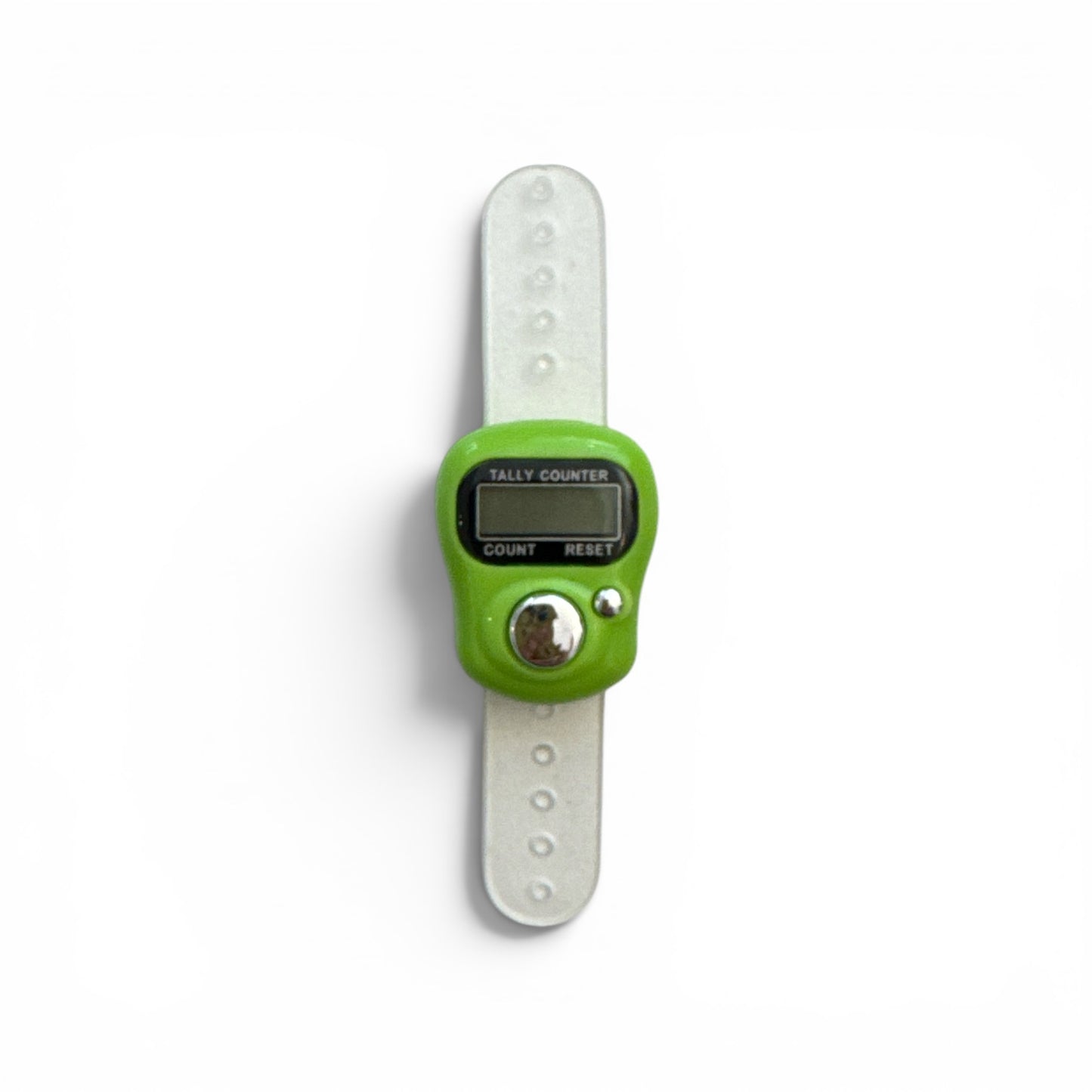 Digitaler Reihenzähler mit grünem Gehäuse und transparentem Silikonband, mit LCD-Display und Reset-Knopf.