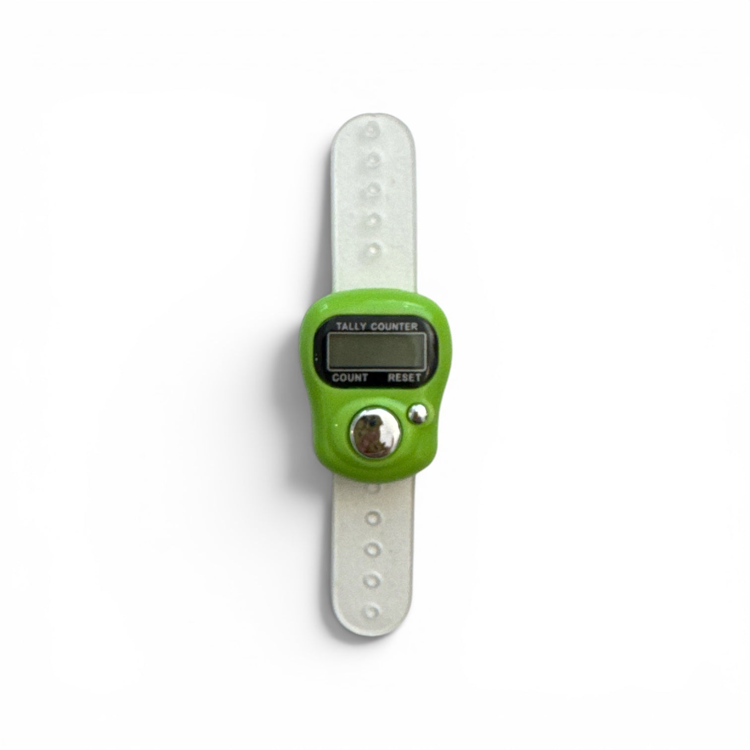 Digitaler Reihenzähler mit grünem Gehäuse und transparentem Silikonband, mit LCD-Display und Reset-Knopf.