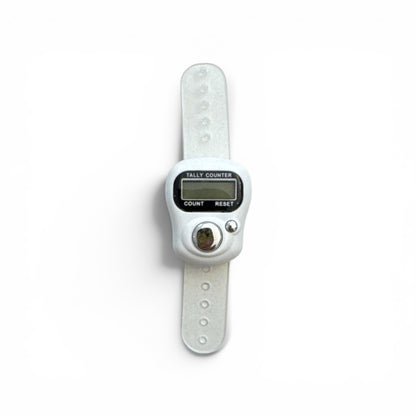 Digitaler Reihenzähler mit weißem Gehäuse und transparentem Silikonband, mit LCD-Display und Reset-Knopf.
