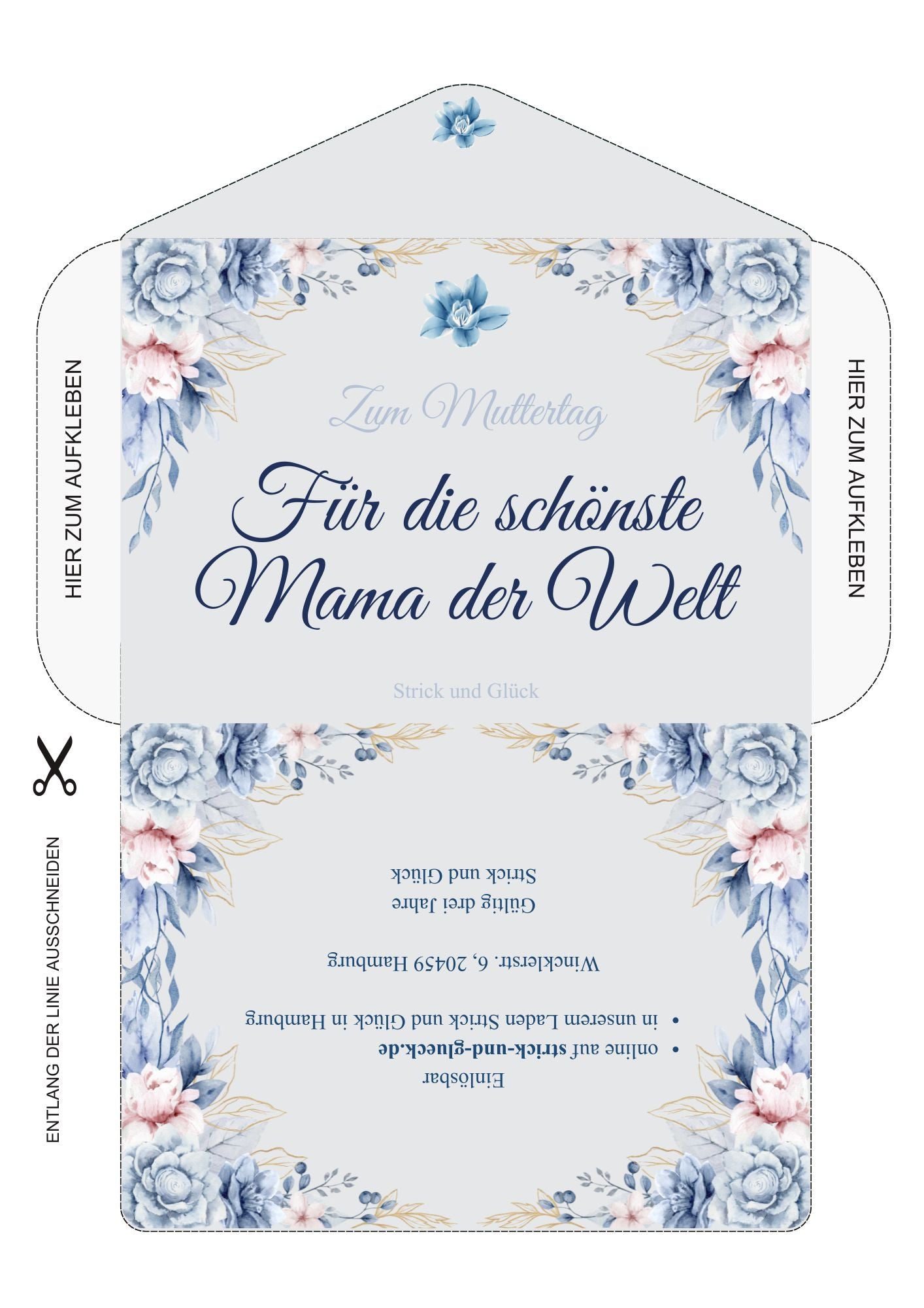 Detailansicht des Muttertags-Gutscheins mit Aquarell-Blumen in Blau und Rosa und der Aufschrift „Für die schönste Mama der Welt"