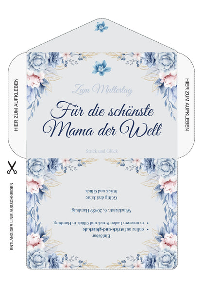 Detailansicht des Muttertags-Gutscheins mit Aquarell-Blumen in Blau und Rosa und der Aufschrift „Für die schönste Mama der Welt"