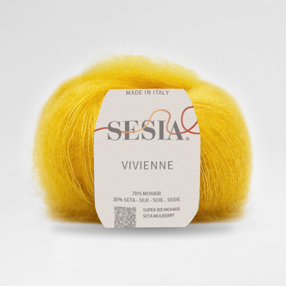Sesia Vivienne Garn in Gelb – luxuriöses Mohair-Seide-Garn mit zartem Flaum, ideales Garn für elegante Strickprojekte