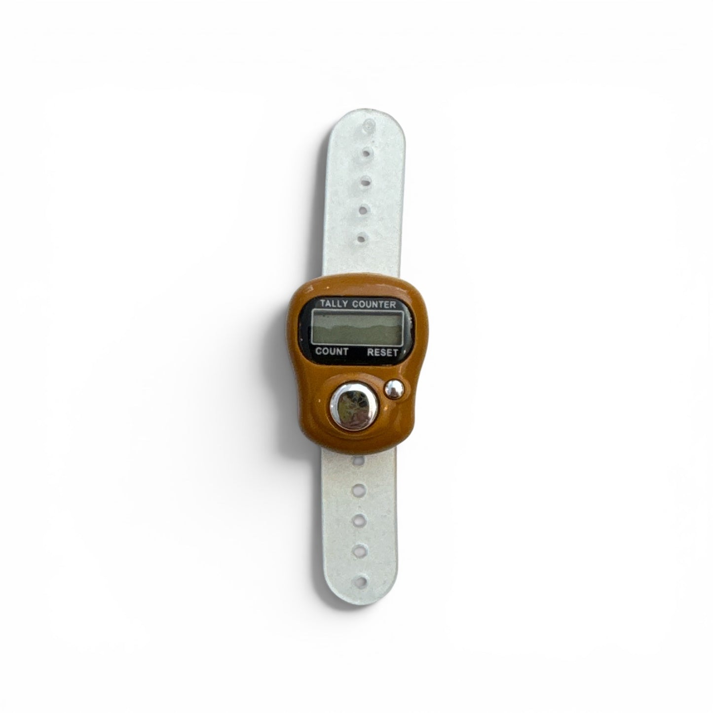 Digitaler Reihenzähler mit braunem Gehäuse und transparentem Silikonband, mit LCD-Display und Reset-Knopf.