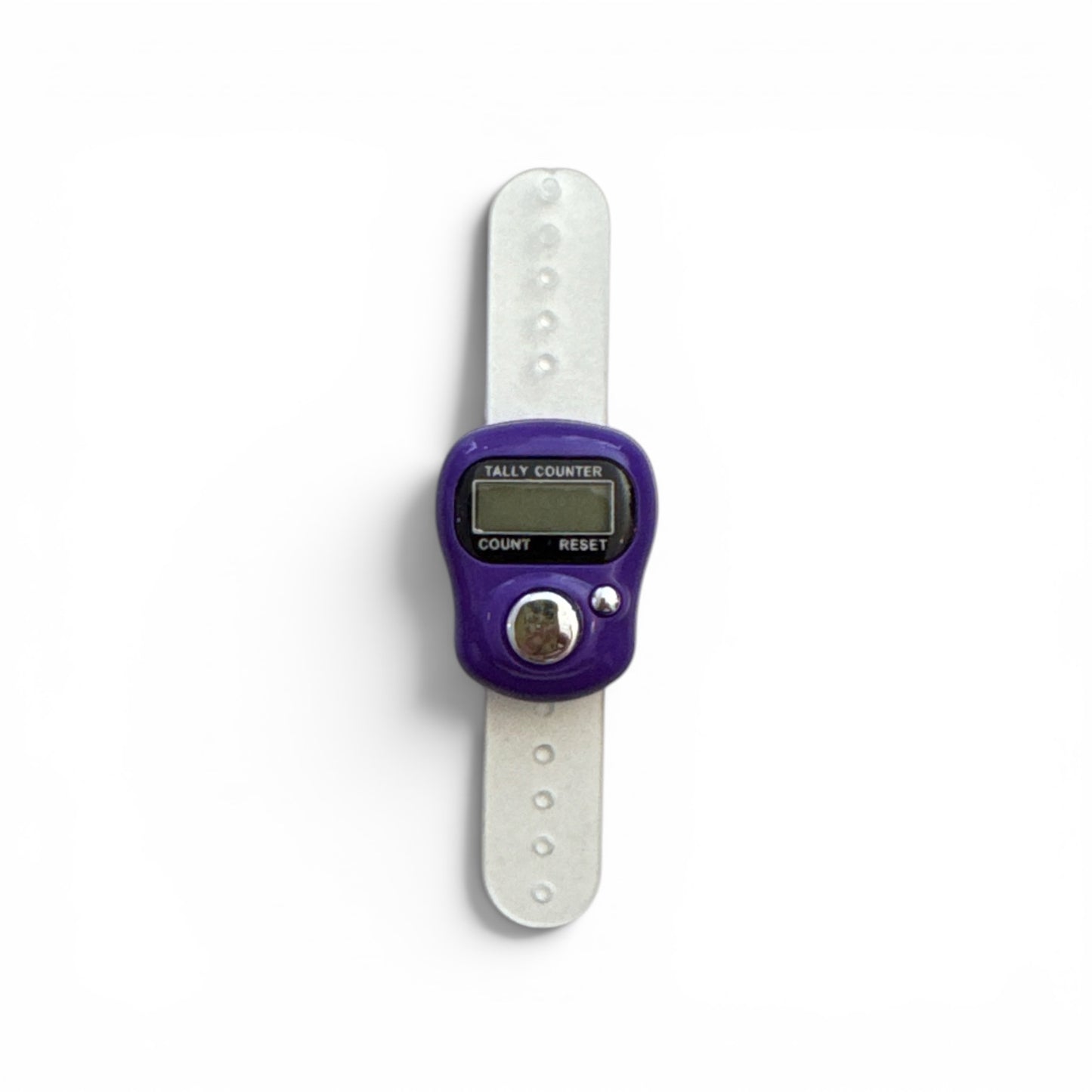Digitaler Reihenzähler mit lila Gehäuse und transparentem Silikonband, mit LCD-Display und Reset-Knopf.
