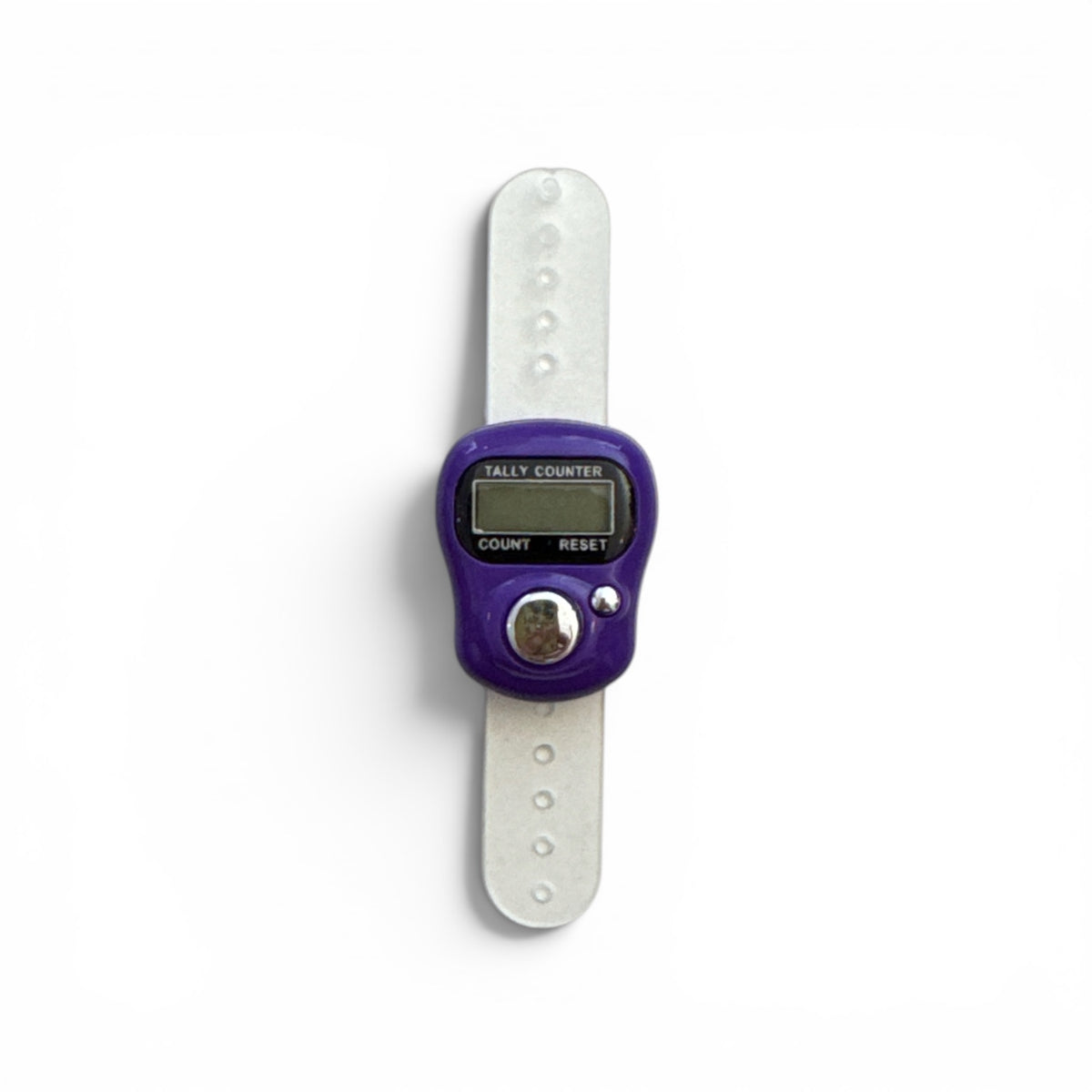 Digitaler Reihenzähler mit lila Gehäuse und transparentem Silikonband, mit LCD-Display und Reset-Knopf.