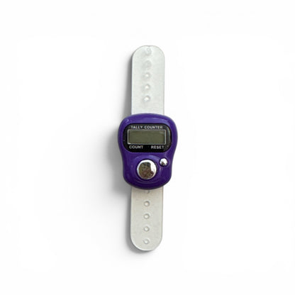 Digitaler Reihenzähler mit lila Gehäuse und transparentem Silikonband, mit LCD-Display und Reset-Knopf.