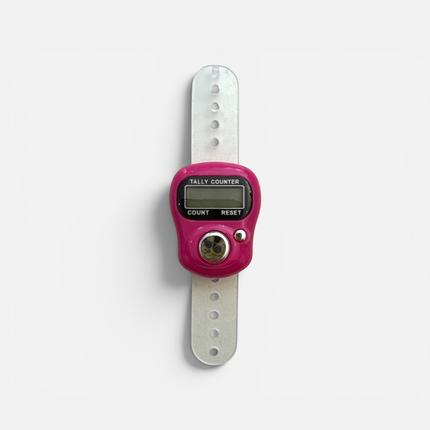 Digitaler Reihenzähler mit pinkem Gehäuse und transparentem Silikonband, mit LCD-Display und Reset-Knopf.