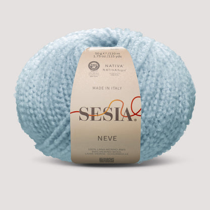 Sesia Neve Bouclé aus 100 % RWS-Merinowolle in Himmelblau – modernes Bouclégarn mit natürlichem Volumen für Pullover und Schals