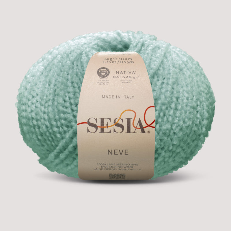 Sesia Neve Bouclé aus 100 % RWS-Merinowolle in Mint – weiches Bouclégarn mit lebendiger Oberfläche für moderne Strickmode