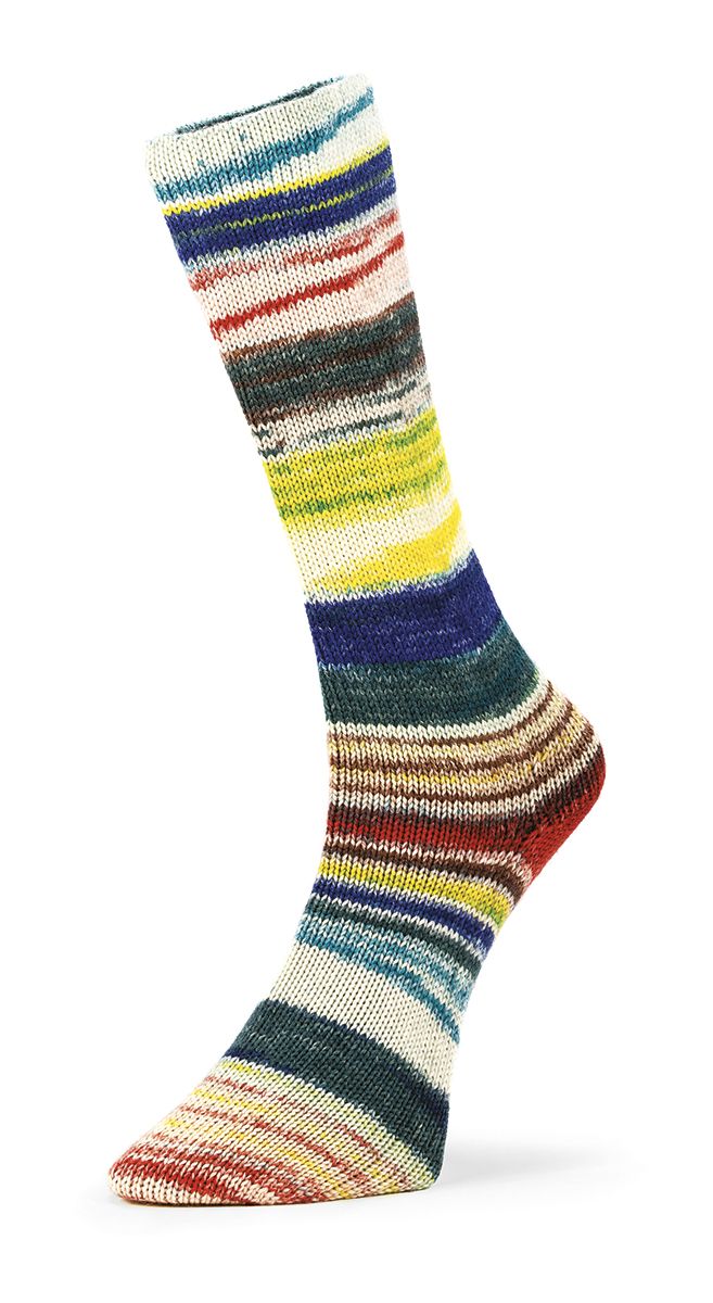 Handgestrickte Socke aus 6 Ply Optical Socks in Grün, Blau, Gelb und Rot, Farbe 001