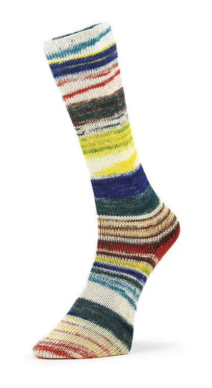 Handgestrickte Socke aus 6 Ply Optical Socks in Grün, Blau, Gelb und Rot, Farbe 001