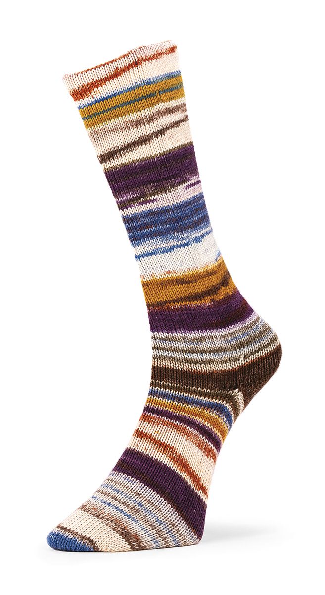 Handgestrickte Socke aus 6 Ply Optical Socks in Braun, Violett und Grün, Farbe 003