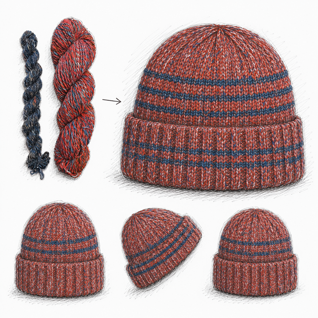 Illustrierte Strickskizze: aus dem roten und dem blaugrauen Strang entstehen vier Varianten einer gestrickten Mütze mit Kontraststreifen. Visualisierung als Ideenbeispiel, kein Foto eines fertigen Stücks.