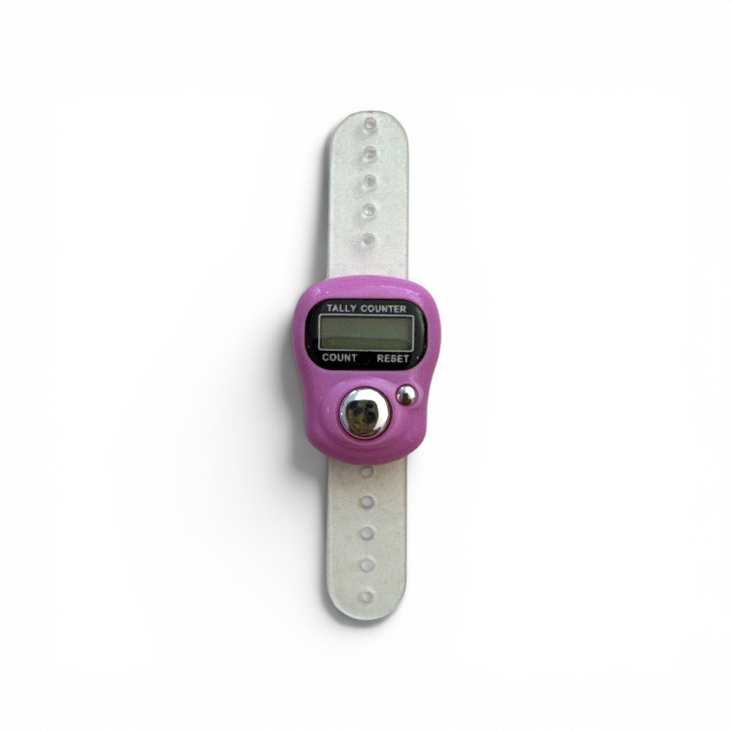 Digitaler Reihenzähler mit hellrosa Gehäuse und transparentem Silikonband, mit LCD-Display und Reset-Knopf.