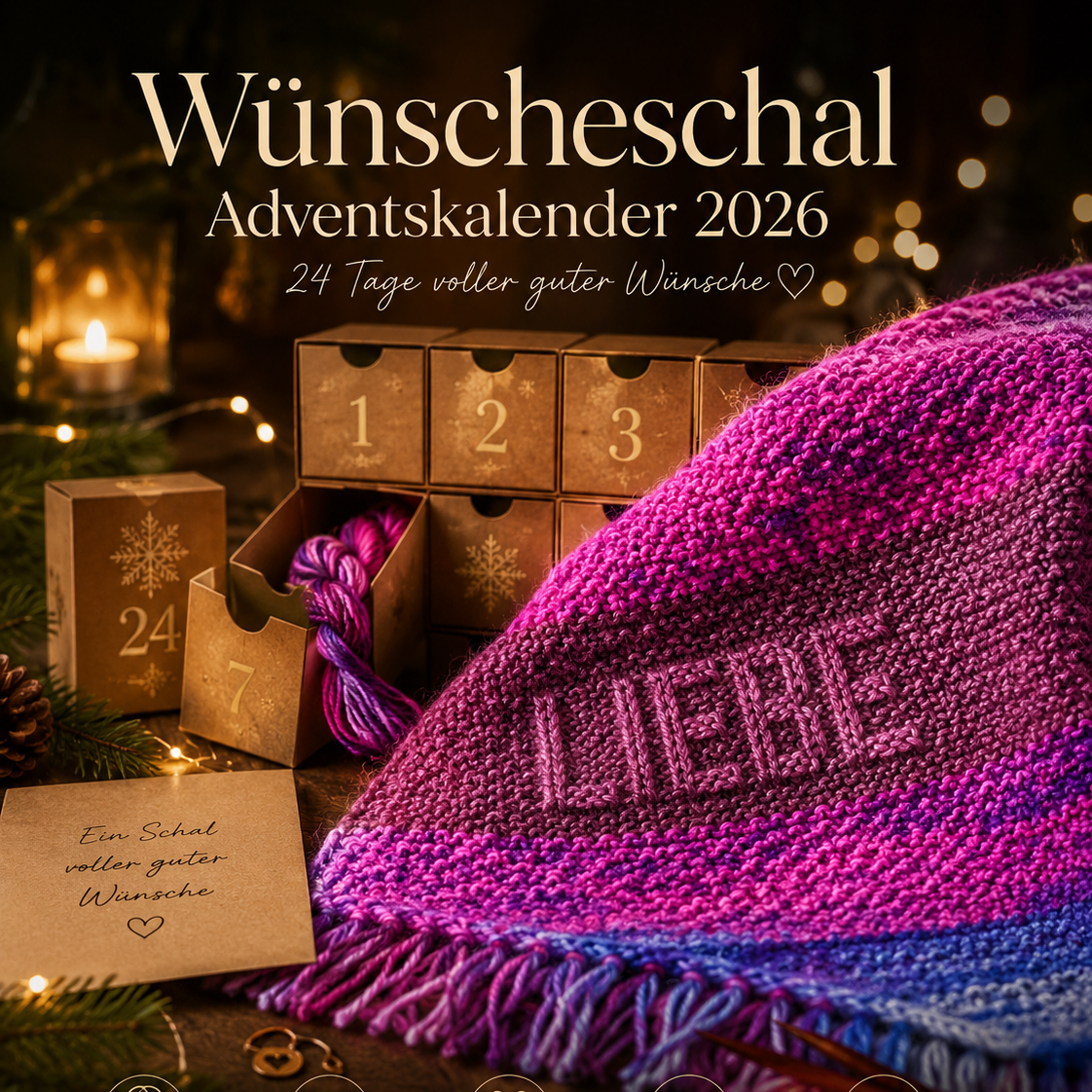 Werbebild des Wünscheschal Adventskalenders 2026 in warmer Weihnachtsatmosphäre. Im Hintergrund nummerierte goldene Adventskalender-Schachteln (1, 2, 3, 7, 24) mit einem herausragenden lila Mini-Strang, Kerzenlicht und Lichterketten. Im Vordergrund ein gestrickter Schal in Pink-, Lila- und Blautönen mit dem Schriftzug „LIEBE" im Shadow-Knitting-Muster und dekorativen Fransen am Saum. Daneben ein Schild „Ein Schal voller guter Wünsche" und Stricknadeln aus Holz. Symbolzeile am unteren Bildrand: 20 handgefärb