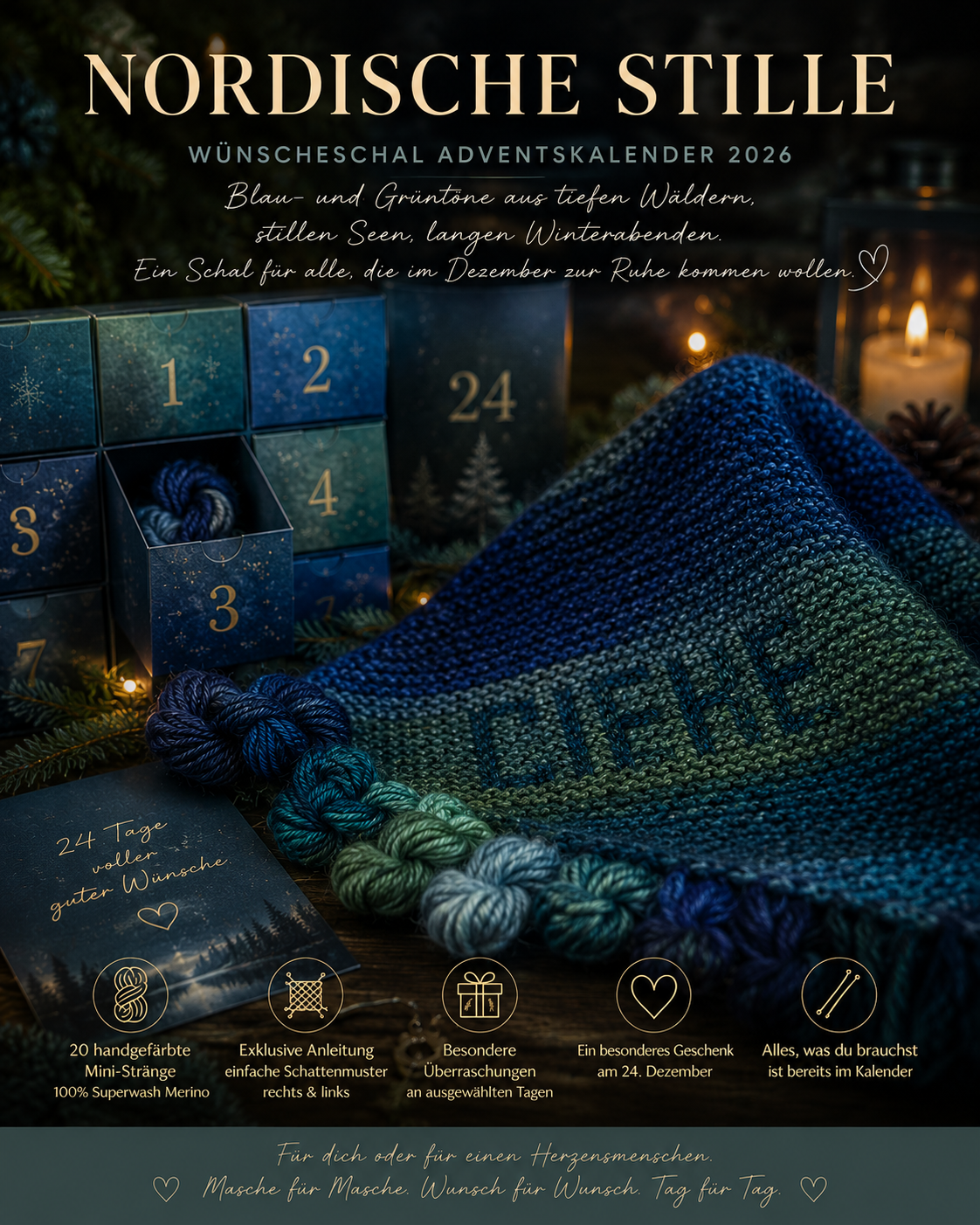 Nordische Stille Wünscheschal Adventskalender mit Blau- und Grüntönen, inspiriert von Wald und See, handgefärbte Wolle in Hamburg kaufen