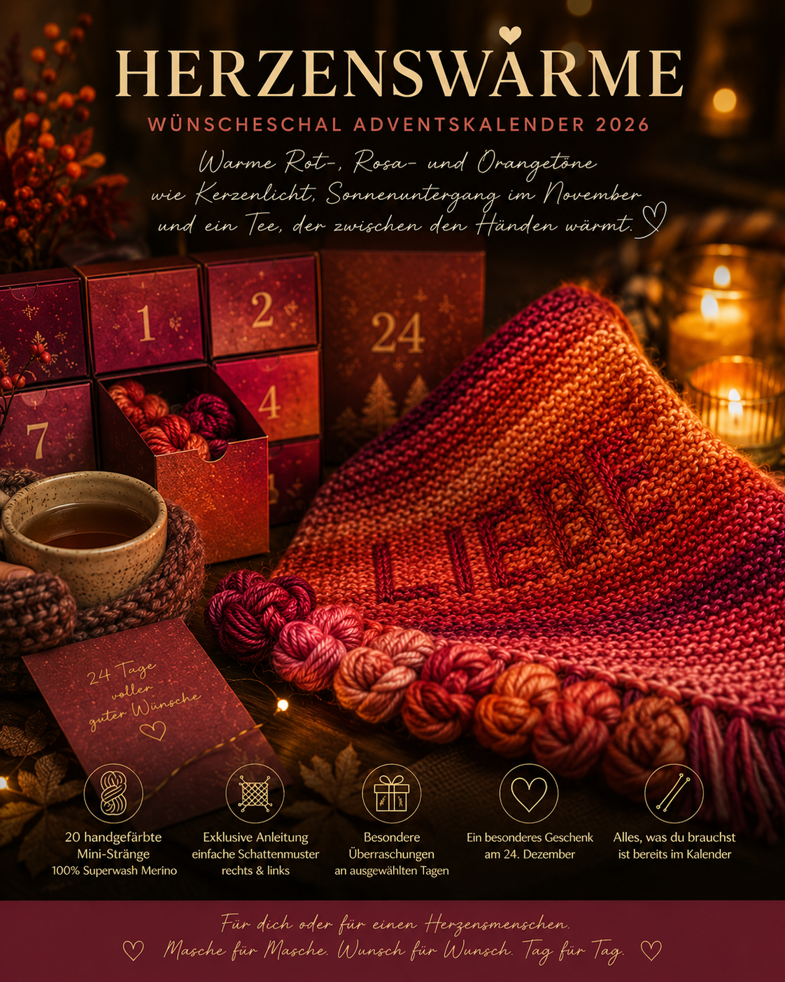 Herzenswärme Wünscheschal Adventskalender mit Rot-, Rosa- und Orangetönen wie Kerzenlicht und Sonnenuntergang, handgefärbte Wolle in Hamburg kaufen