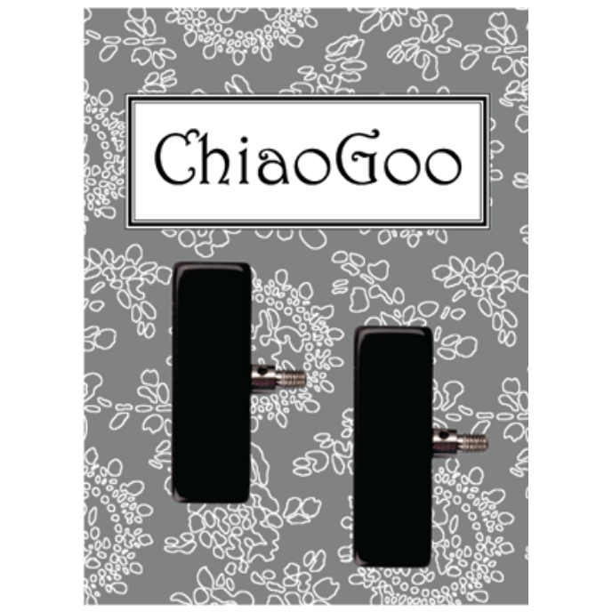 ChiaoGoo Verpackung mit zwei schwarzen Endstoppern auf grauem Blumenmuster-Hintergrund — Seil-Endkappen für Small- und Large-Seile.