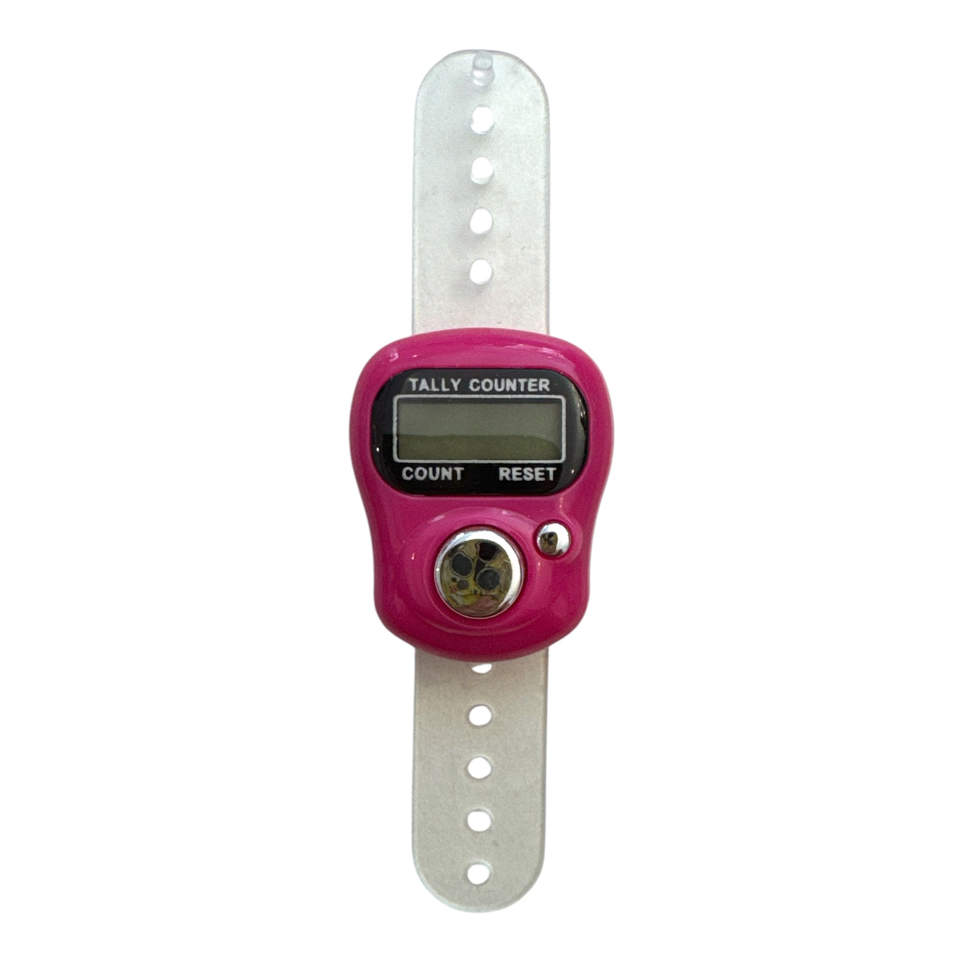 Nahaufnahme eines pinken digitalen Reihenzählers mit LCD-Display, großem Zählknopf und kleinem Reset-Knopf.