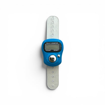 7 Digitaler Reihenzähler mit hellblauem Gehäuse und transparentem Silikonband, mit LCD-Display und Reset-Knopf.