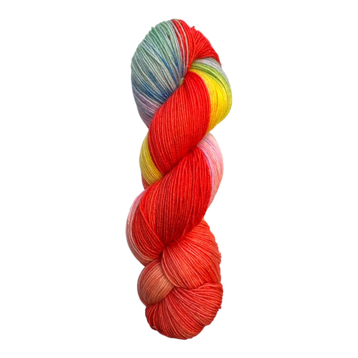Handgefärbte Sockenwolle „Rote Flora" von Wolle am Michel – kräftiges Korallenrot mit pastelliger Regenbogenkonzentration in Gelb, Grün und Blau