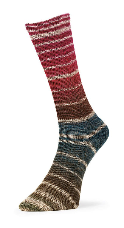 Handgestrickte Socke aus Nordik Socks Sockenwolle in Pink, Rot und Petrolblau