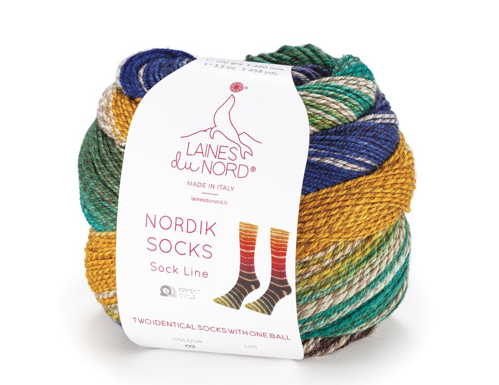 Laines du Nord Nordik Socks Sockenwolle – Knäuel in Blau, Grün und Gelb, Farbe 002