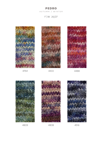 Farbkarte Sesia Pedro Herbst/Winter 26/27 — sechs gestrickte Maschenproben mit den Farbverläufen 4764, 4433, 4488, 4809, 4808 und 4516; jede Probe zeigt fließende Farbübergänge in der weichen Alpaka-Mohair-Struktur.