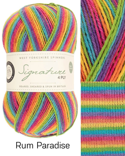 West Yorkshire Spinners Signature 4ply Cocktails Rum Paradise – selbststreifende Sockenwolle in leuchtenden Regenbogenfarben mit Strickprobe