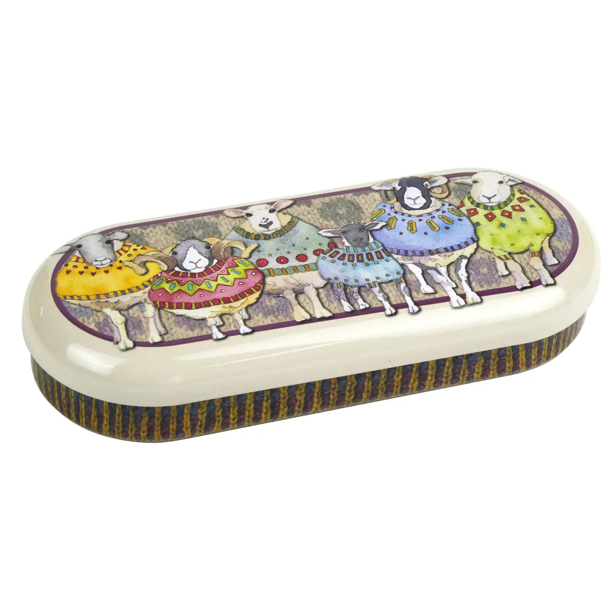 Etui für Brille und Strickzubehör „Sheep in Sweaters“ von Emma Ball – Aquarell mit sechs Schafen in bunten Strickpullovern