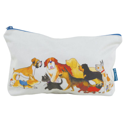 
„Paw Club" Reißverschlusstasche von Eric Heyman, Vorderseite mit Aquarell-Illustration: Boxer, Bernhardiner, Labrador, Schäferhund, Mops, Dogge und weitere Hunderassen.