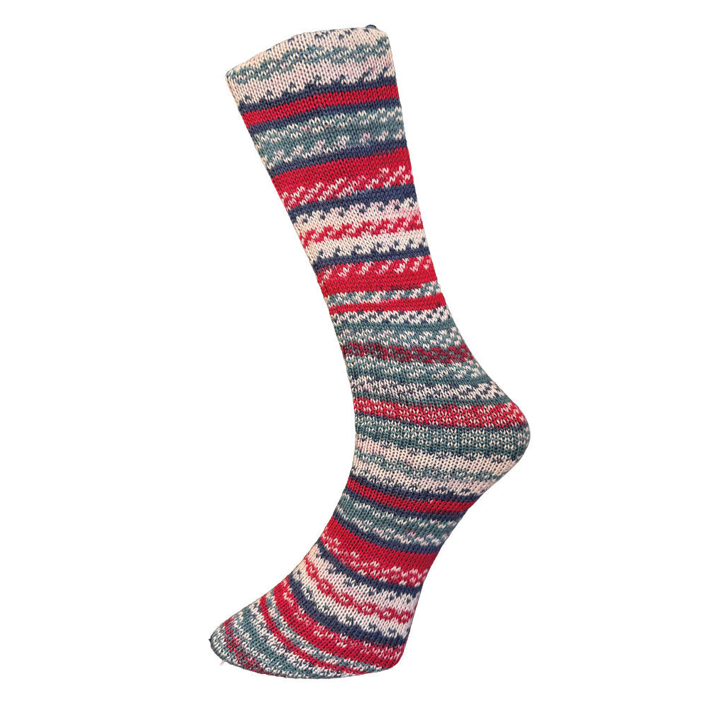 Gestrickte Socke aus Ferner 4fach Sockenwolle in Rot, Grau und Weiß mit Norwegermuster, Farbe 4-2112