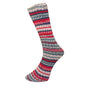 Gestrickte Socke aus Ferner 4fach Sockenwolle in Rot, Grau und Weiß mit Norwegermuster, Farbe 4-2112